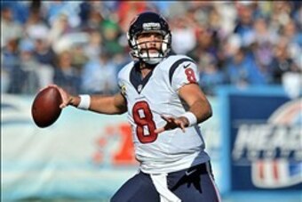 Dec 29, 2013; Nashville, TN, USA; Houston Texans quarterback Matt Schaub (8) looks to pass against the Tennessee Titans during the first half at LP Field. Mandatory Credit: Jim Brown-USA TODAY Sports