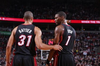PORTLAND, OR - DECEMBER 28:  Shane Battier #31 and Chris Bosh #1 of the Miami Heat talk during a game against the Portland Trailblazers on December 28, 2013 at the Moda Center Arena in Portland, Oregon. NOTE TO USER: User expressly acknowledges and agrees