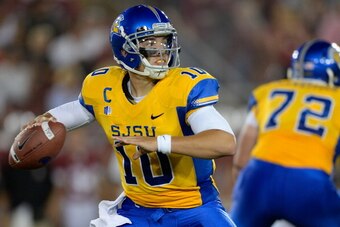 PALO ALTO, CA - SEPTEMBER 07:  David Fales #10 of the San Jose State Spartans drops back to pass against the Stanford Cardinals in the first quarter at Stanford Stadium on September 7, 2013 in Palo Alto, California.  (Photo by Thearon W. Henderson/Getty I