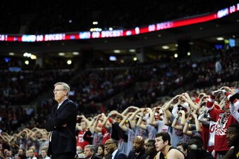 COLUMBUS, OH - JANUARY 12:  Head coach Fran McCaffery of the Iowa Hawkeyes looks on while an Ohio State Buckeye shoots free throws on January 12, 2014 at Value City Arena in Columbus, Ohio.   (Photo by Ryan Young/Getty Images)