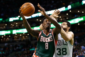 Nov 1, 2013; Boston, MA, USA; Milwaukee Bucks center Larry Sanders (8) shoots the ball against Boston Celtics center Vitor Faverani (38) during the first half at TD Garden. Mandatory Credit: Mark L. Baer-USA TODAY Sports