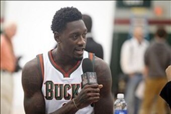 Sep 30, 2013; St. Francis, WI, USA; Milwaukee Bucks player Larry Sanders speaks during media day at Milwaukee Bucks Training Center. Mandatory Credit: Mary Langenfeld-USA TODAY Sports