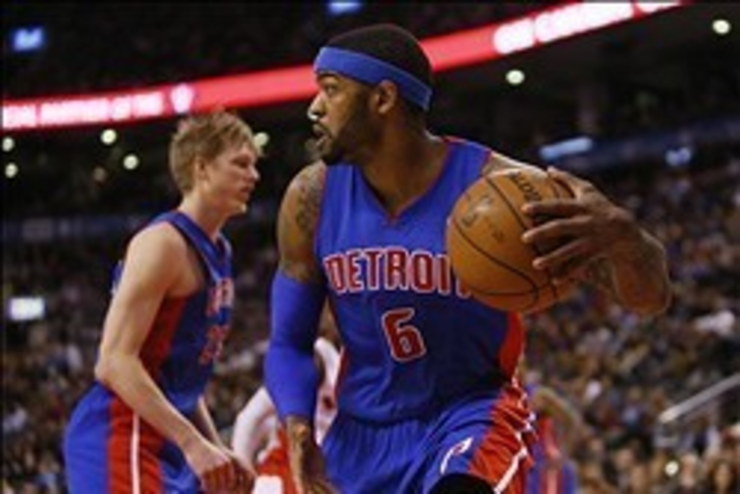 Jan 8, 2014; Toronto, Ontario, CAN; Detroit Pistons forward Josh Smith (6) comes down with a rebound against the Toronto Raptors during the first half at the Air Canada Centre. Mandatory Credit: John E. Sokolowski-USA TODAY Sports