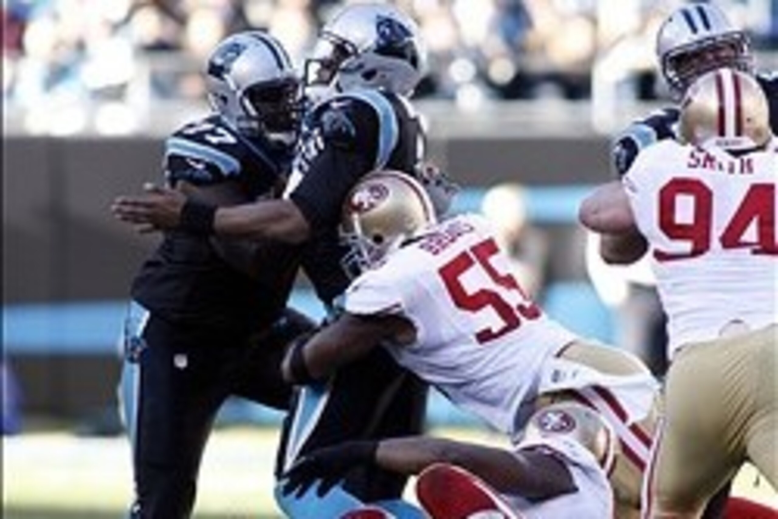 Jan 12, 2014; Charlotte, NC, USA; San Francisco 49ers outside linebacker Ahmad Brooks (55) sacks Carolina Panthers quarterback Cam Newton (1) during the second half of the 2013 NFC divisional playoff football game at Bank of America Stadium. Mandatory Cre