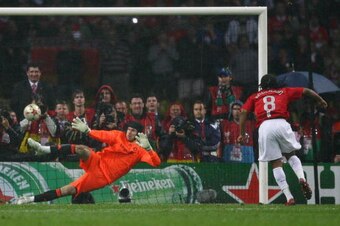 MOSCOW - MAY 21:  Anderson of Manchester United beats Petr Cech of Chelsea as he scores a penalty in the shoot out during the UEFA Champions League Final match between Manchester United and Chelsea at the Luzhniki Stadium on May 21, 2008 in Moscow, Russia