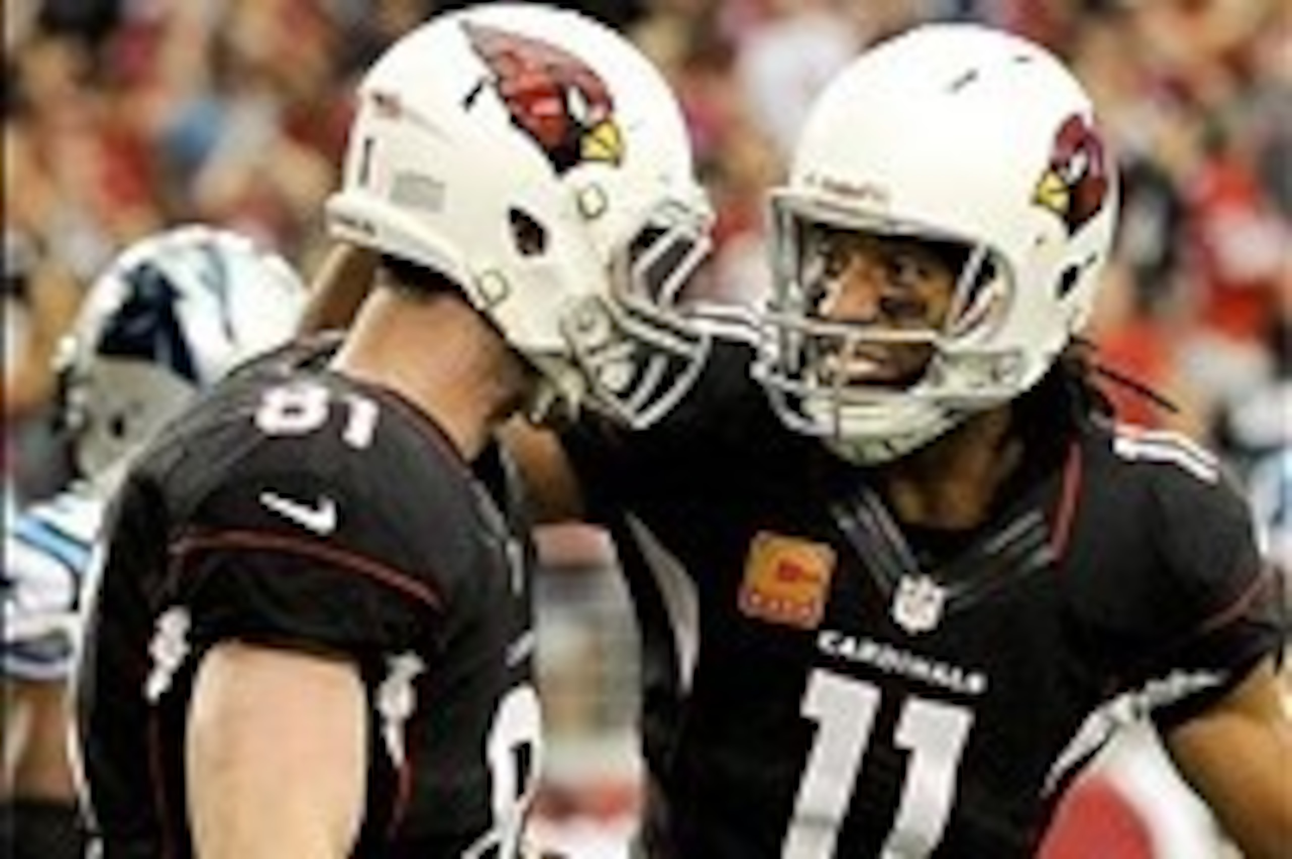 Oct 6, 2013; Phoenix, AZ, USA; Arizona Cardinals tight end Jim Dray (81) is congratulated by wide receiver Larry Fitzgerald (11) after scoring a touchdown during the fourth quarter against the Carolina Panthers at University of Phoenix Stadium. Mandatory 