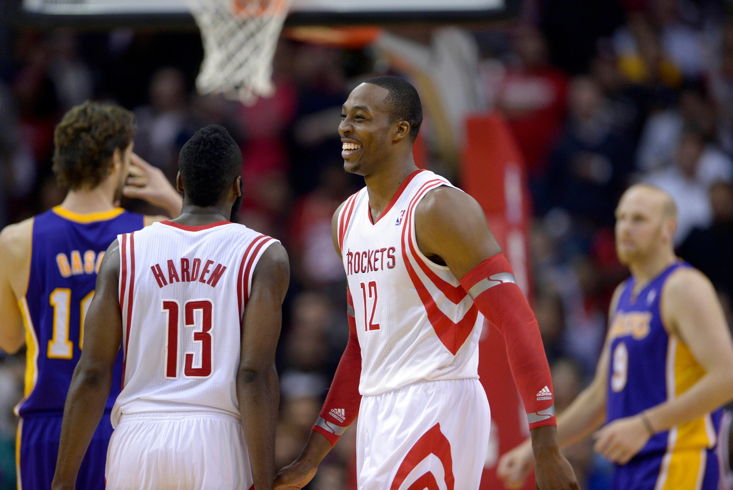 Nov 7, 2013; Houston, TX, USA; Houston Rockets center Dwight Howard (12) laughs after being intentionally fouled against the Los Angeles Lakers during the second half at Toyota Center. The Lakers won 99-98. Mandatory Credit: Thomas Campbell-USA TODAY Spor
