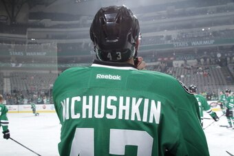 DALLAS, TX - DECEMBER 19: Valeri Nichushkin #43 of the Dallas Stars skates during warm ups against the Vancouver Canucks at the American Airlines Center on December 19, 2013 in Dallas, Texas. (Photo by Glenn James/NHLI via Getty Images)