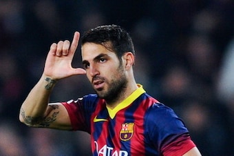 BARCELONA, SPAIN - JANUARY 08:  Cesc Fabregas of FC Barcelona celebrates after scoring the opening goal during the Copa del Rey round of 16 first leg match between FC Barcelona and Getafe CF at Camp Nou on January 8, 2014 in Barcelona, Spain.  (Photo by D