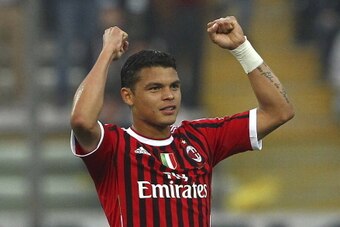 PARMA, ITALY - MARCH 17:  Thiago Silva of AC Milan celebrates his team-mates goal during the Serie A match between Parma FC and AC Milan at Stadio Ennio Tardini on March 17, 2012 in Parma, Italy.  (Photo by Marco Luzzani/Getty Images)