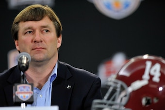 Jan 4, 2013; Fort Lauderdale FL, USA; Alabama Crimson Tide defensive coordinator Kirby Smart during a press conference for the 2013 BCS National Championship game at Harbor Beach Marriott Resort & Spa. Mandatory Credit: Steve Mitchell-USA TODAY Sports