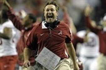Dec 1, 2012; Atlanta, GA, USA; Alabama Crimson Tide defensive coordinator Kirby Smart celebrates winning the 2012 SEC Championship game against the Georgia Bulldogs at the Georgia Dome. Alabama won 32-28. Mandatory Credit: Paul Abell-USA TODAY Sports