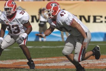 Georgia defensive end David Pollack sets on defense at the 2005 Outback Bowl January 1, 2005 at Raymond James Stadium, Tampa, Florida.  Georgia defeated Wisconsin 24 - 21. (Photo by A. Messerschmidt/Getty Images)