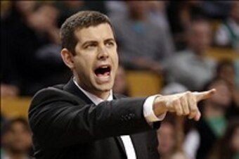 Jan 13, 2014; Boston, MA, USA; Boston Celtics head coach Brad Stevens directs his players during the second half of their 104-92 loss to the Houston Rockets at TD Garden. Mandatory Credit: Winslow Townson-USA TODAY Sports