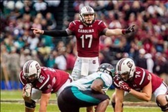 Nov 23, 2013; Columbia, SC, USA; South Carolina Gamecocks quarterback Dylan Thompson (17) calls the play at the line against the Coastal Carolina Chanticleers in the second half at Williams-Brice Stadium. Mandatory Credit: Jeff Blake-USA TODAY