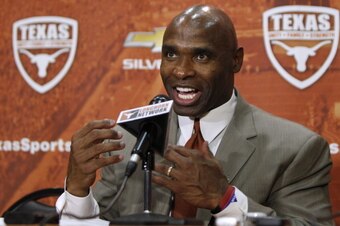 AUSTIN, TX - JANUARY 6: The University of Texas Longhorns new head football coach Charlie Strong from Louisvillespeaks after being introduced during a press conference January 6, 2014 at Darrell K. Royal-Texas Memorial Stadium in Austin, Texas.  (Photo by
