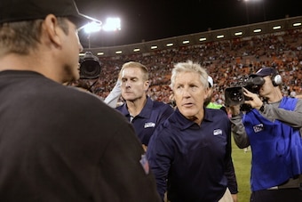 SAN FRANCISCO, CA - OCTOBER 18:  Head Coach Pete Carroll of the Seattle Seahawks shakes the hand of Head Coach Jim Harbaugh of the San Francisco 49ers after the 49ers defeated the Seahawks 13 to 6 in NFL football game at Candlestick Park on October 18, 20