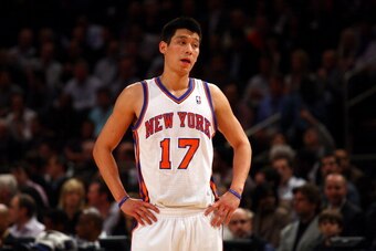 NEW YORK, NY - MARCH 20:  Jeremy Lin #17 of the New York Knicks looks on against the Toronto Raptors at Madison Square Garden on March 20, 2012 in New York City.  NOTE TO USER: User expressly acknowledges and agrees that, by downloading and or using this 