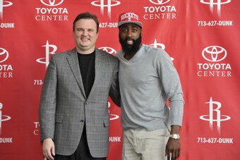 HOUSTON, TX - OCTOBER 29: General Manager Daryl Morey and James Harden of the Houston Rockets poses for a photo as Harden is introduced to the media on October 29, 2012 at Toyota Center in Houston, Texas. NOTE TO USER: User expressly acknowledges and agre