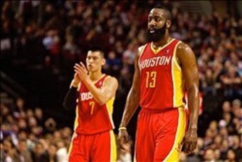 Apr 5, 2013; Portland, OR, USA; Houston Rockets shooting guard James Harden (13) and point guard Jeremy Lin (7) walk to the bench in the 3rd quarter against the Portland Trail Blazers at the Rose Garden. Mandatory Credit: Craig Mitchelldyer-USA TODAY Spor