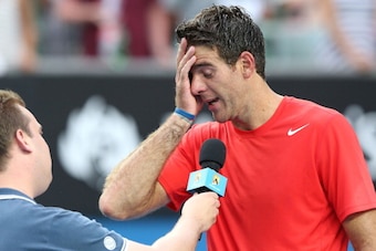 MELBOURNE, AUSTRALIA - JANUARY 14:  Juan Martn Del Potro of Argentina is interviewed after winning his first round match against Rhyne Williams of the United States during day two of the 2014 Australian Open at Melbourne Park on January 14, 2014 in Melbou