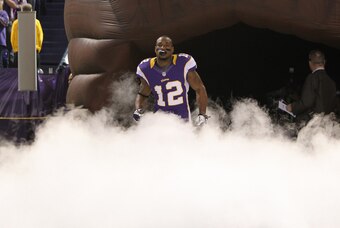 Oct 25, 2012; Minneapolis, MN, USA; Minnesota Vikings wide receiver Percy Harvin (12) against the Tampa Bay Buccaneers at the Metrodome. The Buccaneers defeated the Vikings 36-17. Mandatory Credit: Brace Hemmelgarn-USA TODAY Sports