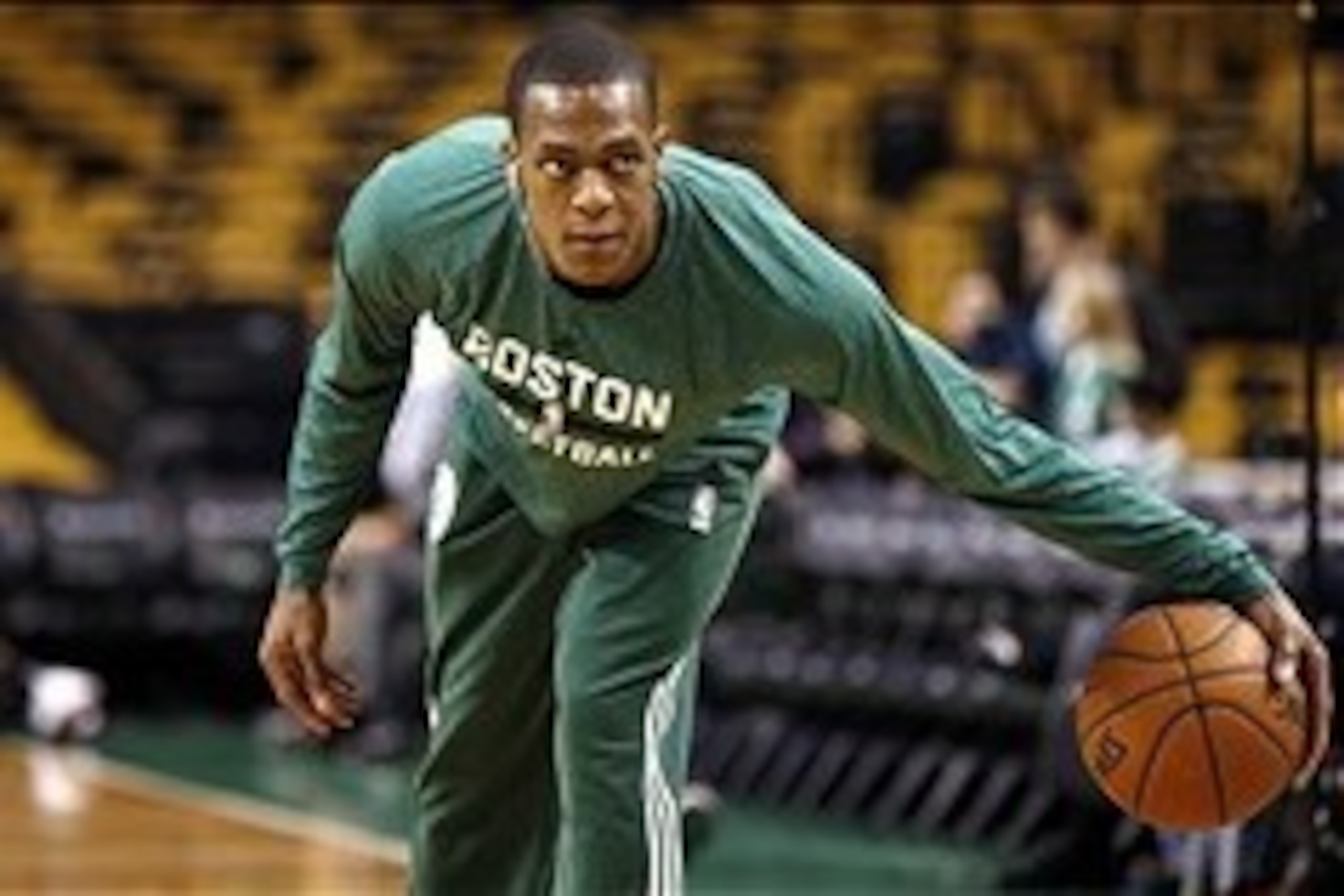 Dec 31, 2013; Boston, MA, USA;  Injured Boston Celtics point guard Rajon Rondo (9) dribbles before their game against the Atlanta Hawks at TD Garden. Mandatory Credit: Winslow Townson-USA TODAY Sports