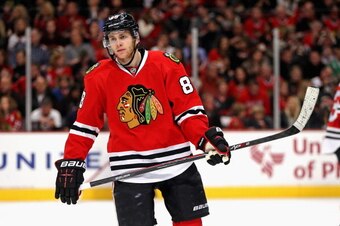 CHICAGO, IL - DECEMBER 15:  Patrick Kane #88 of the Chicago Blackhawks waits for a face-off against the Los Angeles Kings at the United Center on December 15, 2013 in Chicago, Illinois. The Blackhawks defeated the Kings 3-1.  (Photo by Jonathan Daniel/Get