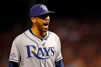 BOSTON, MA - OCTOBER 05:  David Price #14 of the Tampa Bay Rays reacts against the Boston Red Sox during Game Two of the American League Division Series at Fenway Park on October 5, 2013 in Boston, Massachusetts.  (Photo by Jared Wickerham/Getty Images)