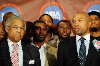 NEW YORK, NY - NOVEMBER 08:  Billy Hunter, Executive Director of the National Basketball Players Association, and Derek Fisher, President of the National Basketball Players Association (R), speak at a press conference after the NBPA held a meeting to disc