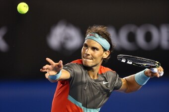 MELBOURNE, AUSTRALIA - JANUARY 16:  Rafael Nadal of Spain celebrates winning his second round match against Thanasi Kokkinakis of Australia during day four of the 2014 Australian Open at Melbourne Park on January 16, 2014 in Melbourne, Australia.  (Photo 