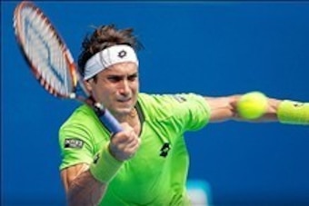 Jan 15, 2014; Melbourne, AUSTRALIA; David Ferrer (ESP) during his match against Adrian Mannarino (FRA) on day three of the 2014 Australian Open at Melbourne Park.  Mandatory Credit: Matthias Hauer/GEPA via USA TODAY Sports