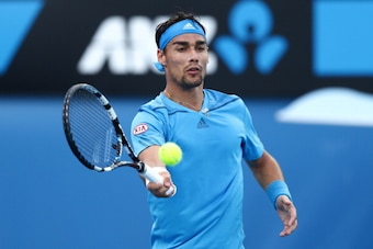 MELBOURNE, AUSTRALIA - JANUARY 15:  Fabio Fognini of Italy plays a forehand in his second round match against Jarkko Nieminen of Finland during day three of the 2014 Australian Open at Melbourne Park on January 15, 2014 in Melbourne, Australia.  (Photo by