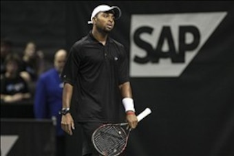 February 14, 2012; San Jose, CA, USA; Donald Young (USA) reacts after a point for Michael Russell (not picutred) during day two of the SAP Open at HP Pavilion. Michael Russell defeated Donald Young 6-1, 7(8)-6(6) . Mandatory Credit: Kelley L Cox-USA TODAY
