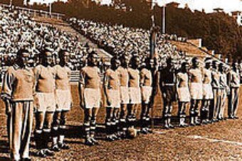 The Italian national team stands before a game at the 1934 World Cup.