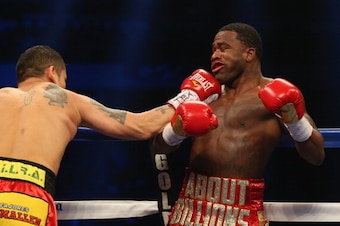 SAN ANTONIO, TX - DECEMBER 14:  (L-R) Marcos Maidana and Adrien Broner during their WBA Welterweight Title bout at Alamodome on December14, 2013 in San Antonio, Texas..  (Photo by Ronald Martinez/Getty Images)