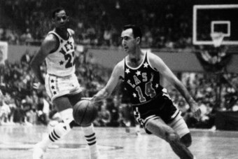 UNDATED:  Bob Cousy #14 of the Eastern Conference All-Stars drives to the basket during an NBA All-Star game circa 1950.  NOTE TO USER: User expressly acknowledges that, by downloading and or using this photograph, User is consenting to the terms and cond