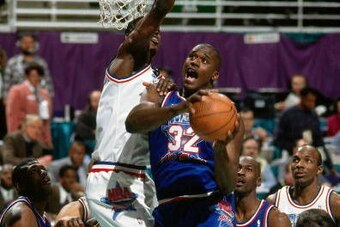 SALT LAKE CITY, UT - FEBRUARY 21:  Shaquille O'Neal #32 of the Eastern Conference attempts a shot against the Western Conference during the 1993 NBA All-Star Game played February 21, 1993 at the Delta Center in Salt Lake City, Utah. NOTE TO USER: User exp