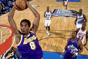 NEW YORK - FEBRUARY 8:  Kobe Bryant #8 of the Los Angeles Lakers attempts a dunk during the 1998 NBA All-Star Game on February 8, 1998 at Madison Square Garden in New York, New York.  NOTE TO USER: User expressly acknowledges that, by downloading and or u