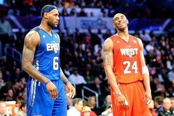 LOS ANGELES, CA - FEBRUARY 20:  LeBron James #6 of the Miami Heat and the Eastern Conference stands with Kobe Bryant #24 of the Los Angeles Lakers and the Western Conference in the 2011 NBA All-Star Game at Staples Center on February 20, 2011 in Los Angel