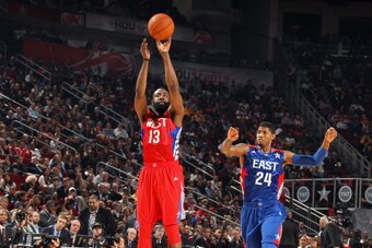 HOUSTON, TX - FEBRUARY 17: James Harden #13 of the Western Conference All-Star Team shoots during 2013 NBA All-Star Game on February 17, 2013 at the Toyota Center in Houston, Texas. NOTE TO USER: User expressly acknowledges and agrees that, by downloading