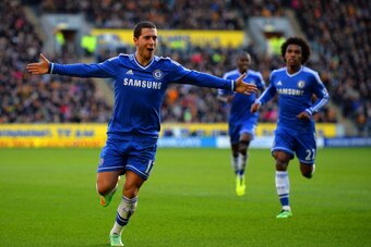 HULL, ENGLAND - JANUARY 11:  Eden Hazard of Chelsea celebrates scoring their first goal during the Barclays Premier League match between Hull City and Chelsea at KC Stadium on January 11, 2014 in Hull, England.  (Photo by Laurence Griffiths/Getty Images)
