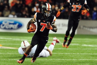 CORVALLIS, OR - OCTOBER 26: Wide receiver Brandin Cooks #7 of the Oregon State Beavers runs back a punt during the fourth quarter of the game against the Stanford Cardinal at Reser Stadium on October 26, 2013 in Corvallis, Oregon. Stanford won the game 20
