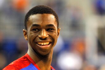 Dec 10, 2013; Gainesville, FL, USA; Kansas Jayhawks guard Andrew Wiggins (22) smiles prior to the game against the Florida Gators at Stephen C. O'Connell Center. Mandatory Credit: Kim Klement-USA TODAY Sports
