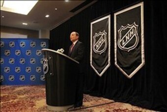 January 9, 2013; New York, NY, USA; NHL commissioner Gary Bettman addresses the National Hockey League lockout during a press conference at the Westin New York in Times Square. Mandatory Credit: Brad Penner-USA TODAY Sports