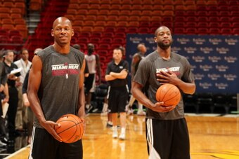 MIAMI, FL - JUNE 5: Ray Allen and Dwyane Wade of the Miami Heat warm up at practice as part of the 2013 NBA Finals on June 5, 2013 at American Airlines Arena in Miami, Florida. NOTE TO USER: User expressly acknowledges and agrees that, by downloading and 