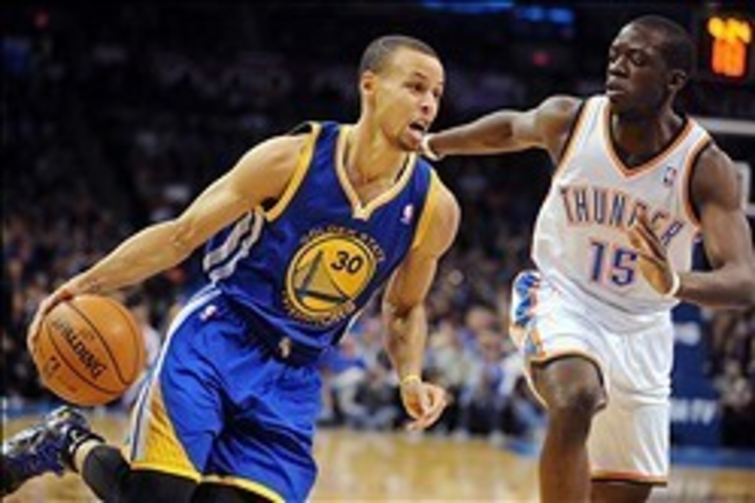 Jan 17, 2014; Oklahoma City, OK, USA; Golden State Warriors point guard Stephen Curry (30) handles the ball against Oklahoma City Thunder point guard Reggie Jackson (15) during the first quarter at Chesapeake Energy Arena. Mandatory Credit: Mark D. Smith-