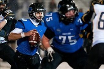Dec 13, 2013; Charleston, IL, USA;  Eastern Illinois Panthers quarterback Jimmy Garoppolo (10) during the fourth quarter against the Towson Tigers at O'Brien Field. Mandatory Credit: Bradley Leeb-USA TODAY Sports