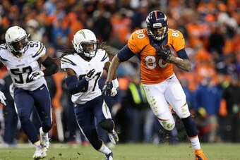 DENVER, CO - JANUARY 12:   Julius Thomas #80 of the Denver Broncos carries the ball against Jahleel Addae #37 of the San Diego Chargers during the AFC Divisional Playoff Game at Sports Authority Field at Mile High on January 12, 2014 in Denver, Colorado. 