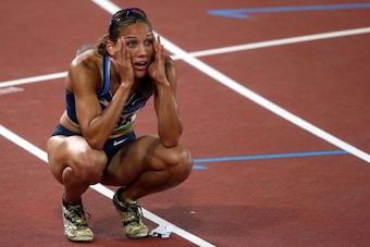 BEIJING - AUGUST 19:  Lolo Jones of the United States looks dejected after the Women's 100m Hurdles Final held at the National Stadium on Day 11 of the Beijing 2008 Olympic Games on August 19, 2008 in Beijing, China.  (Photo by Michael Steele/Getty Images